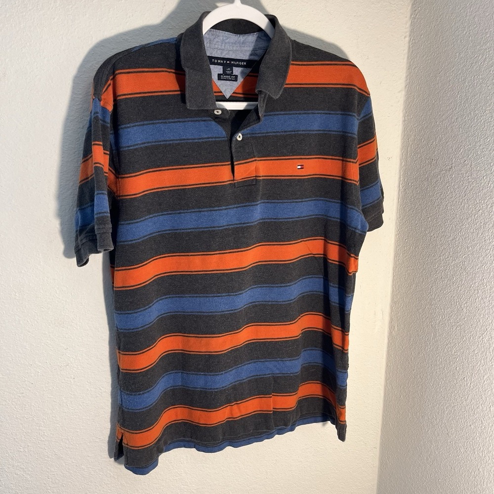 Tommy Hilfiger Mens Large Blue Orange Striped Gray Classic Fit Polo Logo